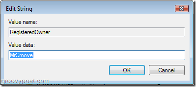Rediger registernøkkel til MrGroove for å angi eierinformasjon i Vista