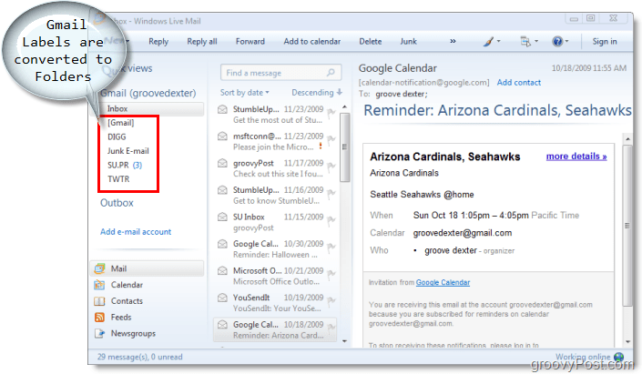 e-postklient for Windows Live Mail, blir Gmail-etiketter konvertert til mapper i Windows Live Mail