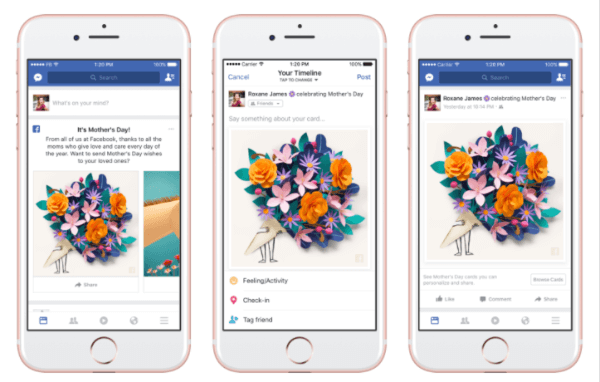 Facebook rullet ut personlige kort, temamasker og rammer i Facebook-kameraet, og en midlertidig "takknemlig" reaksjon til ære for morsdagen.