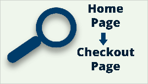 Dette er en illustrasjon som fremhever hvordan Tanner Larsson analyserer kundereisen på et nettsted. Illustrasjonen har en lysegrønn bakgrunn. Et mørkeblått forstørrelsesglassikon vises til venstre. Til høyre, i mørkeblå tekst, vises teksten "Hjemmeside" øverst til høyre. Deretter vises en pil som peker nedover. Under pilen er teksten “Checkout Page”.