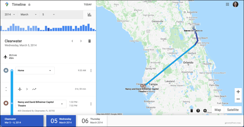 Turdetaljer på tidslinjen for Google Maps