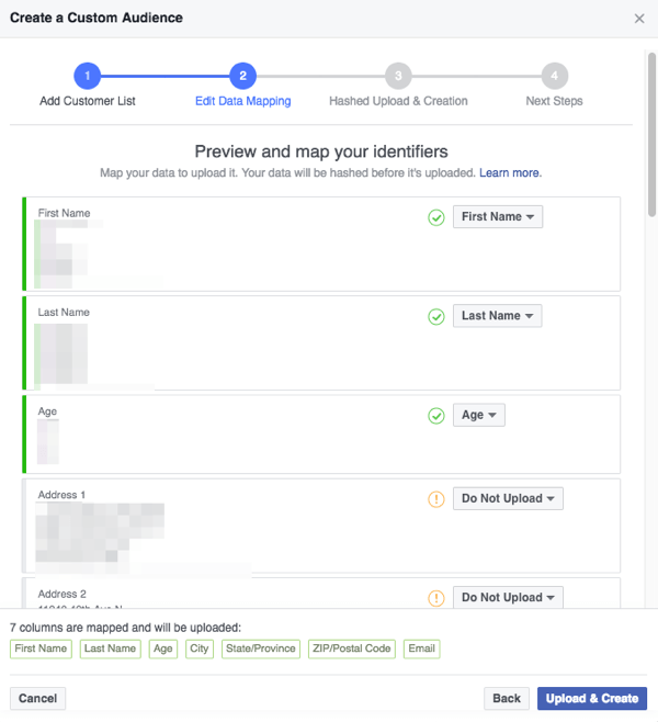 Forsikre deg om at feltene Facebook oppdager i CSV-filen din er riktig kartlagt til kategorier som Facebook forstår.