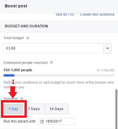 Velg 1 dag under varighet og klikk Boost.