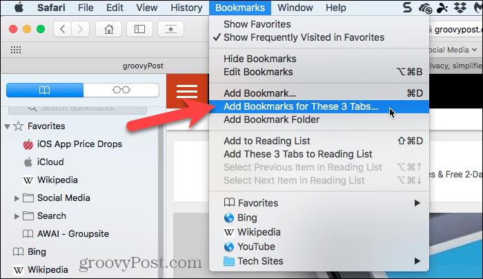 Velg Legg til bokmerker for disse fanene i Safari på Mac