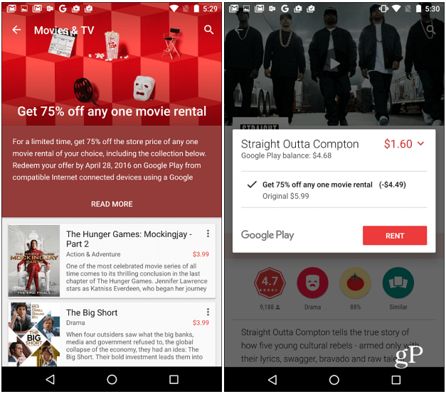 Google Play Movies tilbyr 75% avslag på filmutleie