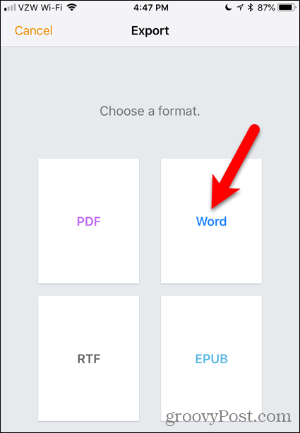 Trykk på Word i sider for iOS