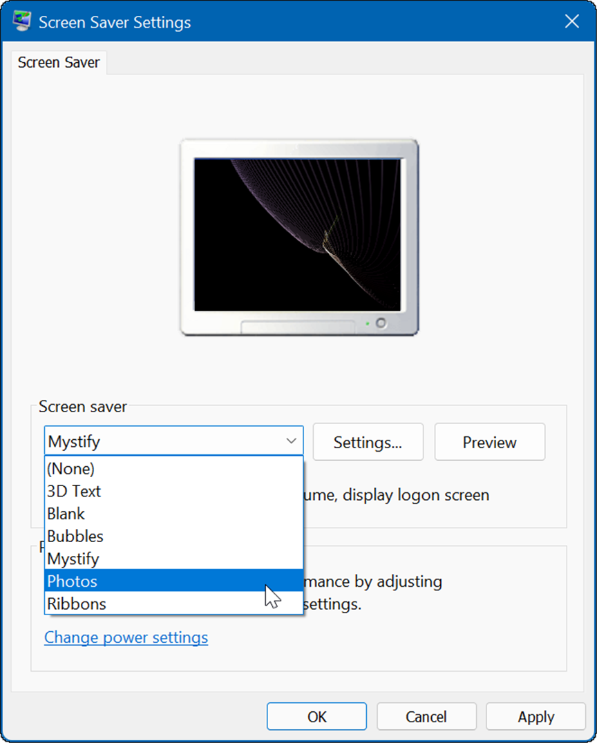 skjermsparerinnstillinger setter bilder som en skjermsparer på Windows