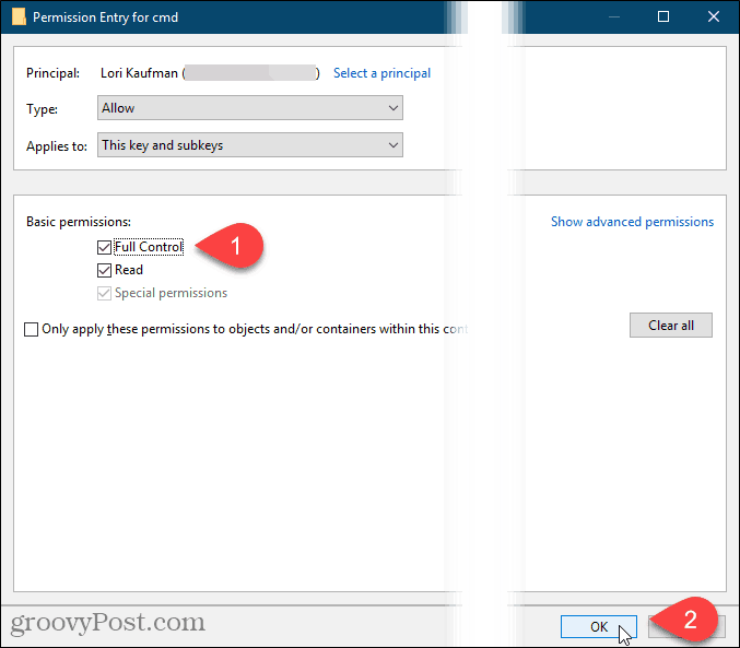 Sjekk Full kontroll og klikk OK i dialogboksen Tillatelseinngang i Windows-registeret