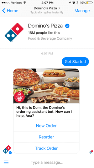 Dominos chatbot gjør det enkelt for kunder å spore bestillingen. Dette kan redusere samtaler til butikken.