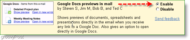 forhåndsvisninger av google docs kan aktiveres i Labs-innstillingene