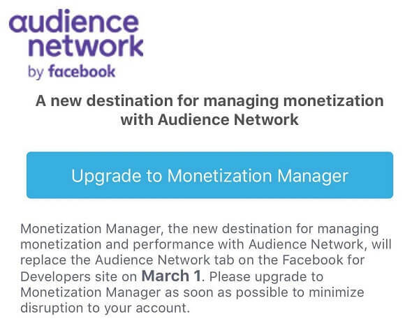 Facebook Monetization Manager erstatter Audience Network-fanen på Facebook for Developers-siden fra 1. mars.