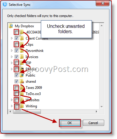 Valg av mappe for Windows Selective Sync Dropbox