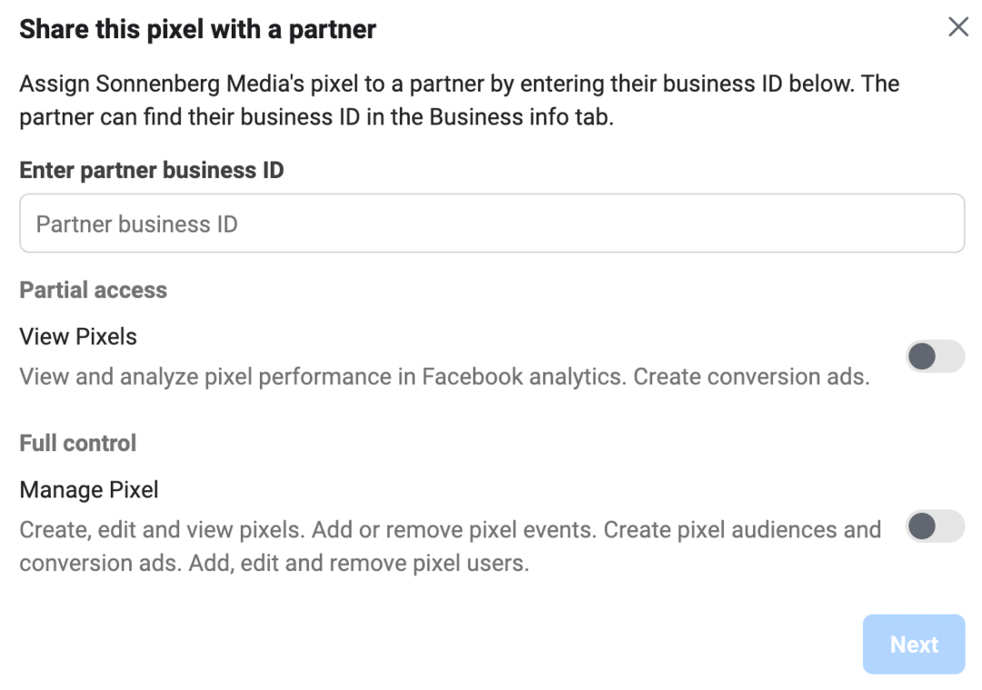 bilde av Del denne pikselen med en partner-skjerm i Meta Business Manager
