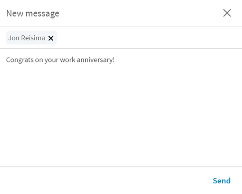 Når du klikker på Say Congrats-knappen, åpner LinkedIn en ny melding med en kort start.
