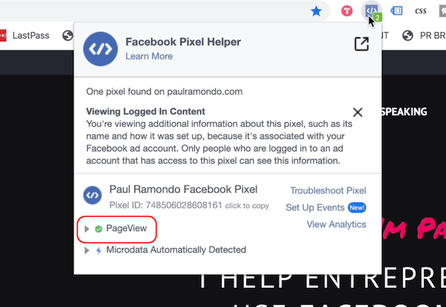 Facebook Pixel Helper som viser Page View-hendelse