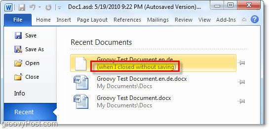 åpne et nylig ikke-lagret dokument på kontoret 2010