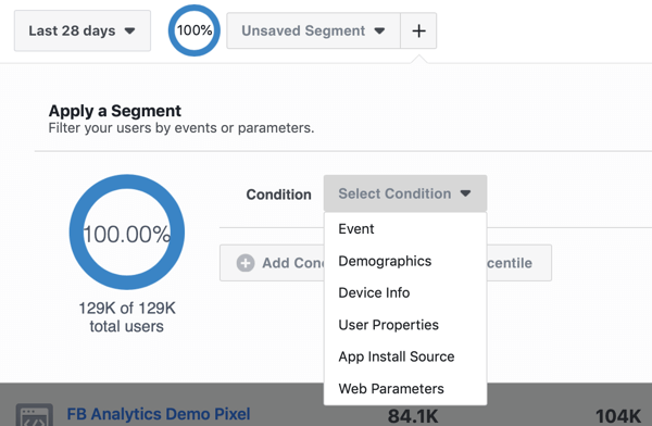 Tilstandsalternativer for segmentene dine i Facebook Analytics-hendelseskildegruppene.