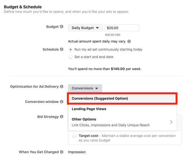 Tips for å senke Facebook-annonsekostnadene, alternativet for å optimalisere annonselevering for konverteringer