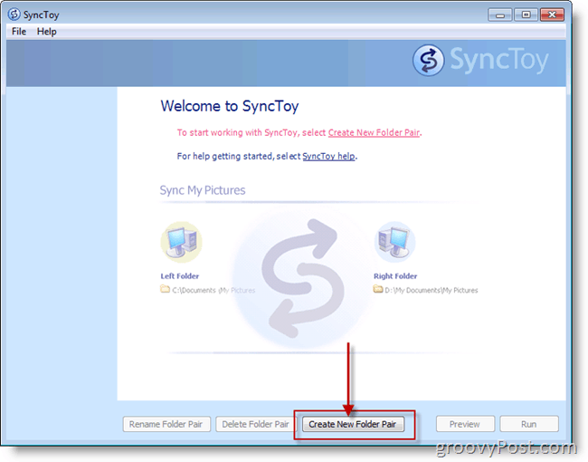 Microsoft SyncToy Lag nytt skjermbilde av mappepar