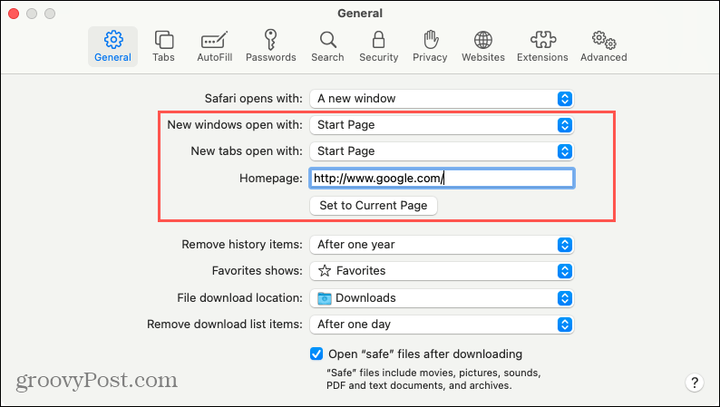 Innstillinger for å åpne nye faner eller Windows i Safari