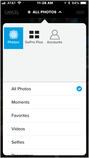 Trykk på + -ikonet og velg en video eller fem eller flere bilder du vil importere til Quik.