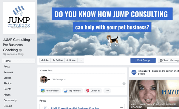 Hvordan bruke Facebook Groups-funksjoner, eksempel på Facebook-side for JUMP Consulting