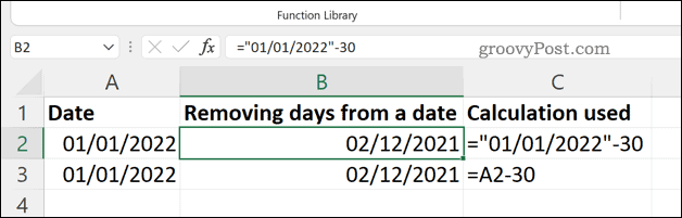 Fjerning av dager fra en dato i Excel