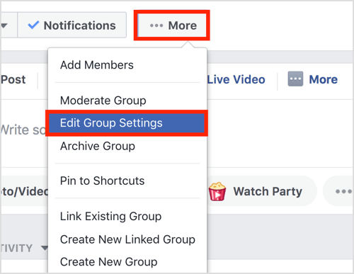 Klikk på Mer-knappen i den øverste linjen i Facebook-gruppen din, og velg Rediger gruppeinnstillinger.