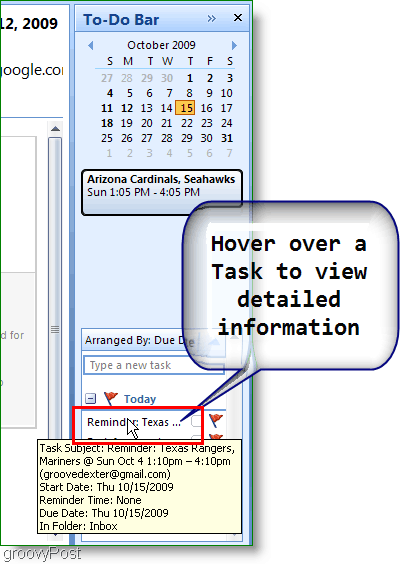 Oppgavelinjen for Outlook 2007 - Hold markøren over elementet for mer informasjon