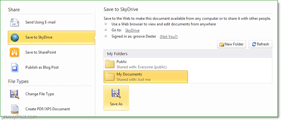 hvordan lagrer jeg en fil til Office 2010 skydrive
