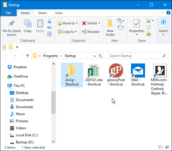 Oppstartsmappe Windows 10