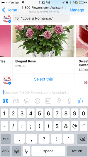Kunder kan enkelt bla gjennom og velge produkter fra 1-800-Flowers chatbot.
