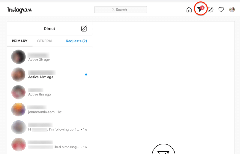 skjermbilde av instagram-direktemeldings dashbord med papir-fly-ikonet uthevet