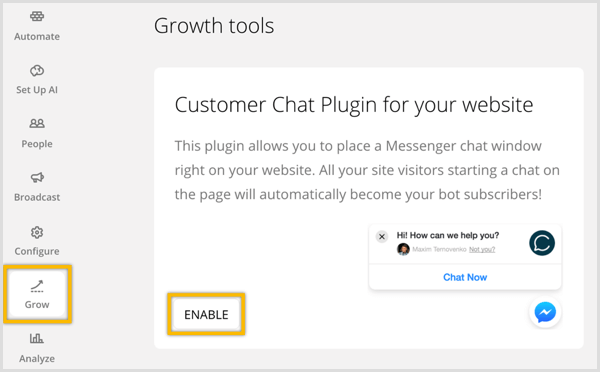 ChatFuel aktiverer kundeprat-plugin