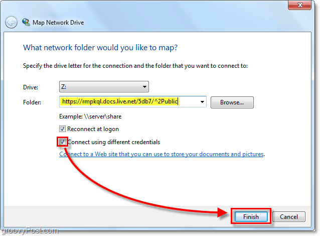 lim inn din Windows Live skydrive url til den kartlagte nettverksstasjonens valg og sjekk kobler til oss i forskjellige legitimasjonsbeskrivelser og klikk deretter på finish.