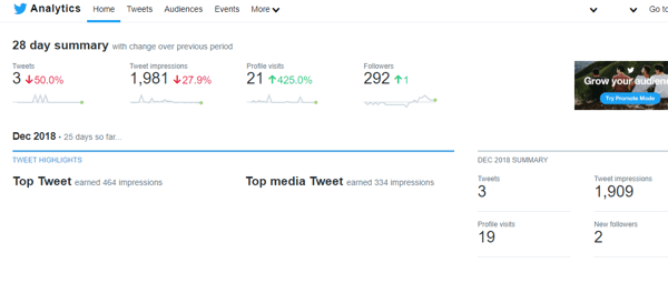 Eksempel på et Twitter Analytics-sammendrag på 28 dager.