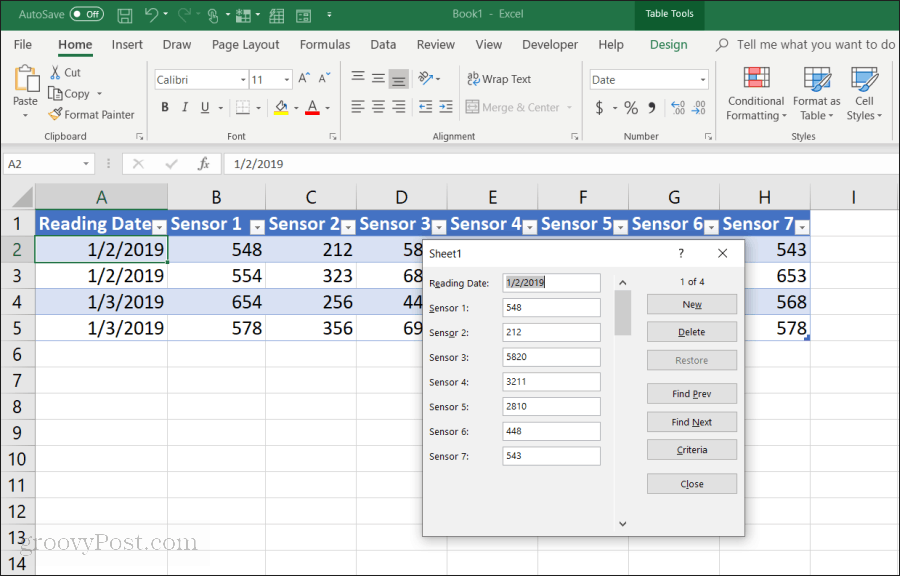 dataregistreringsskjema i Excel