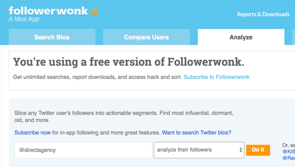 Velg Twitter-kontoen du vil analysere med Followerwonk.
