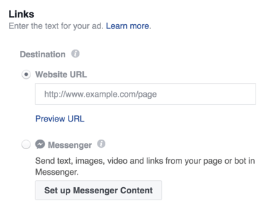 Velg et mål for Facebook Messenger-annonsen.