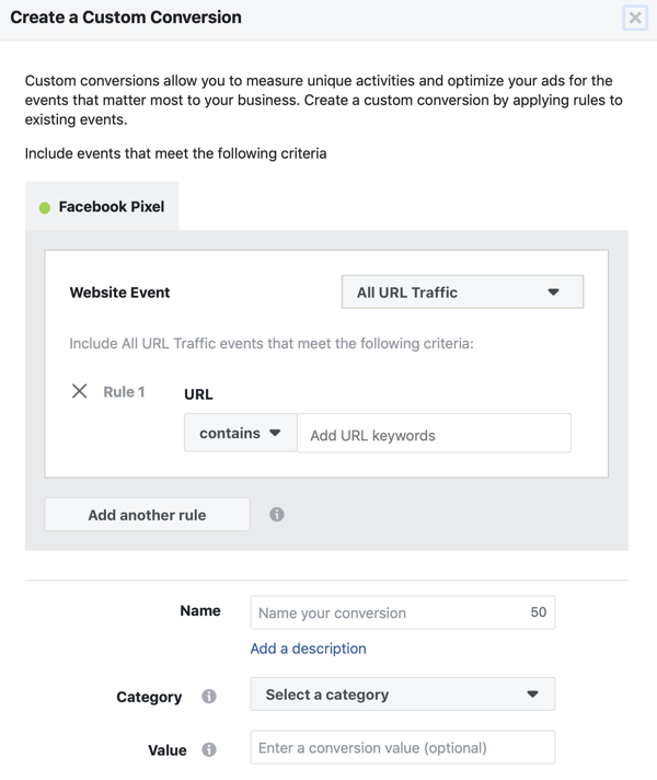 Bruk Facebook Event Setup Tool, trinn 11, URL-innstilling for når din tilpassede konvertering vil utløses
