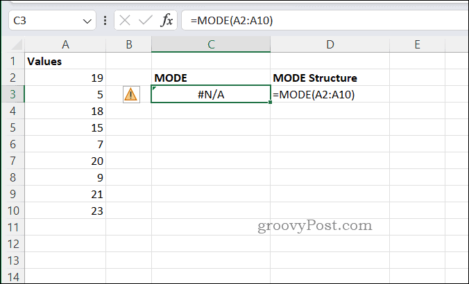 Eksempel NA-feil for MODE i Excel