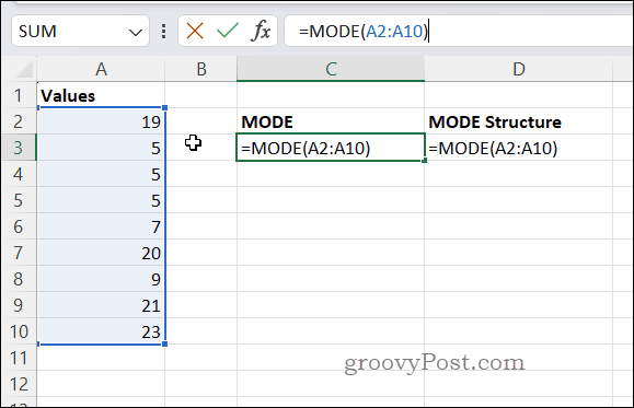 Eksempel MODE-formel i Excel