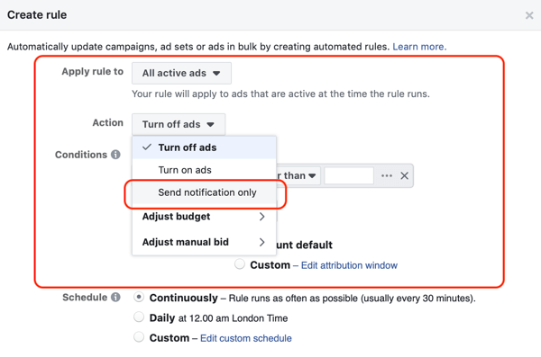 Bruk automatiserte regler fra Facebook, varsling når annonsefrekvens over 2.1, trinn 1, annonsesett og handlingsinnstillinger