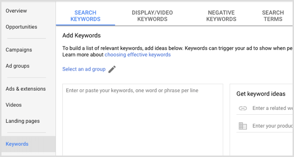Google Adwords legger til søkeord i annonsegruppen