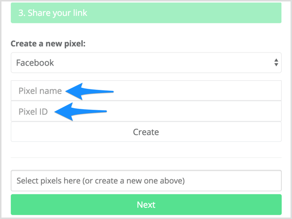 Skriv inn pikselnavnet og piksel-ID-en i Meteor.link.