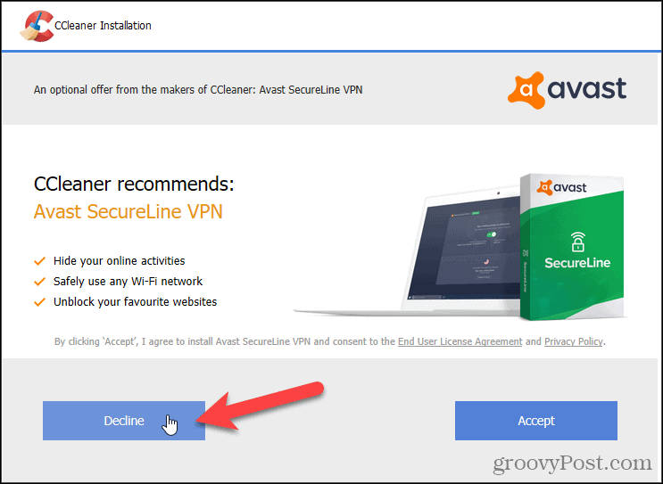 Avvis Avast VPN i CCleaner