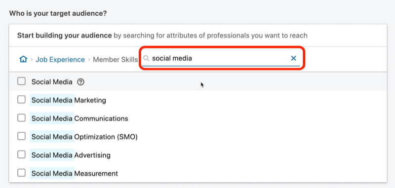 skjermbilde av søkeresultatene for 'sosiale medier' ​​medlemsferdigheter på LinkedIn