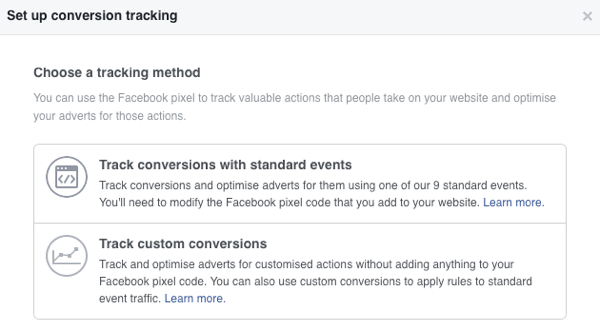 Du kan velge mellom to konverteringssporingsmetoder for Facebook-annonser.