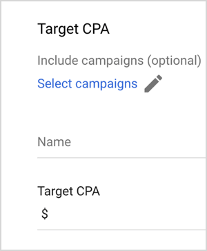 Dette er et skjermbilde av Google Ads Target CPA-alternativer. Disse alternativene er Inkluder kampanjer (valgfritt), Velg kampanjer, Navn, Mål-CPA (med en tekstboks for å angi en verdi). Mike Rhodes sier at Google Ads-smarte budalternativer som mål-CPA bruker kunstig intelligens for å håndtere budgivning.