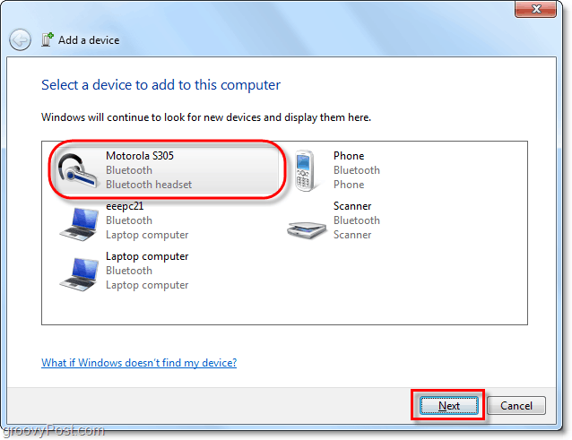 Klikk på Bluetooth-enheten din fra Windows 7, legg til en enhetsveiviser og klikk deretter på neste